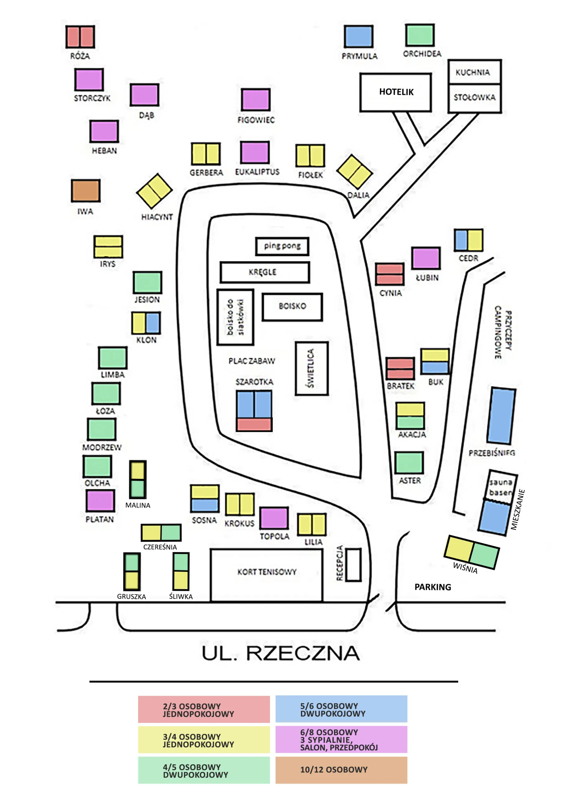Plan ośrodka Terimex Pogorzelica - rozmieszczenie domków, basenu, atrakcji i parkingu